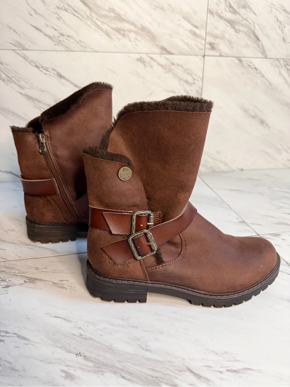 Blowfish Malibu Brown Mid Calf Faux Fur Buckle Boots Womens 7.5 Lug Sole